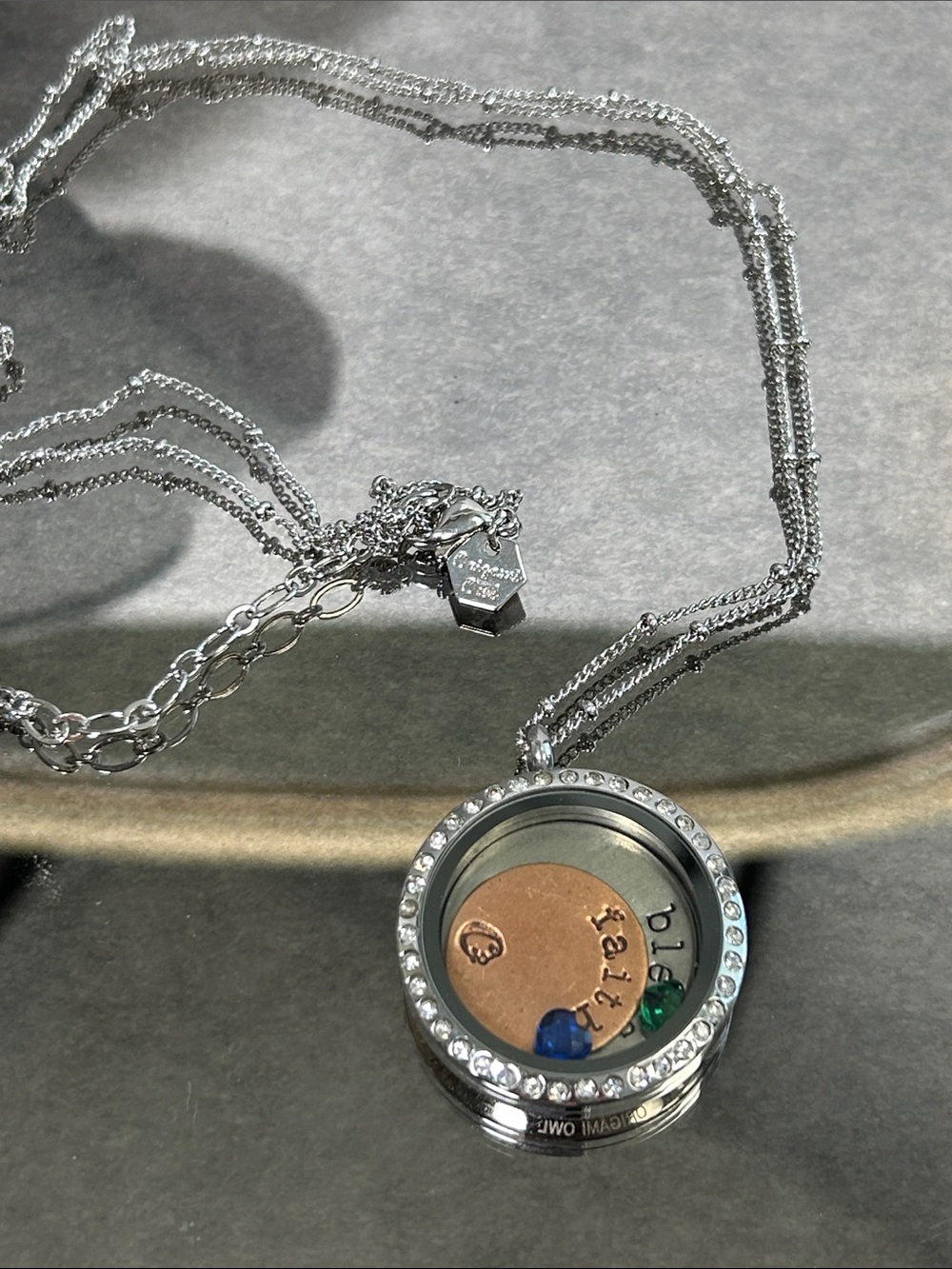 Origami Owl Silver Locket Necklace with Blue and Green Charms